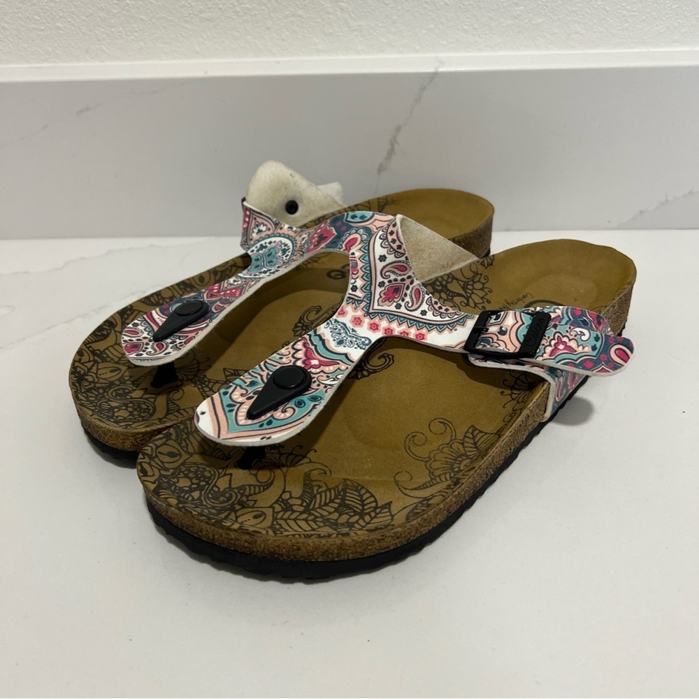 Calceo Blue Pink Paisley Print Slip-On Summer Sandals Size EU40